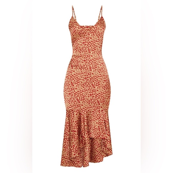 PrettyLittleThing Red Leopard Midi Dress NWT Size 4 Frill Hem Satin Look - Picture 2 of 7